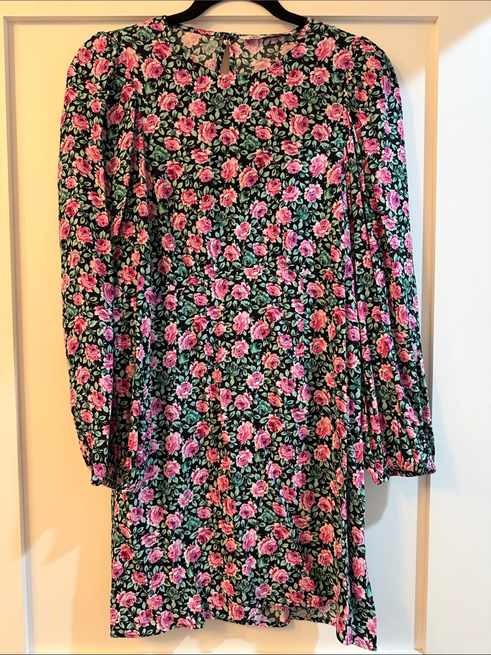 Zara Black Mini Dress with Pink Floral Print